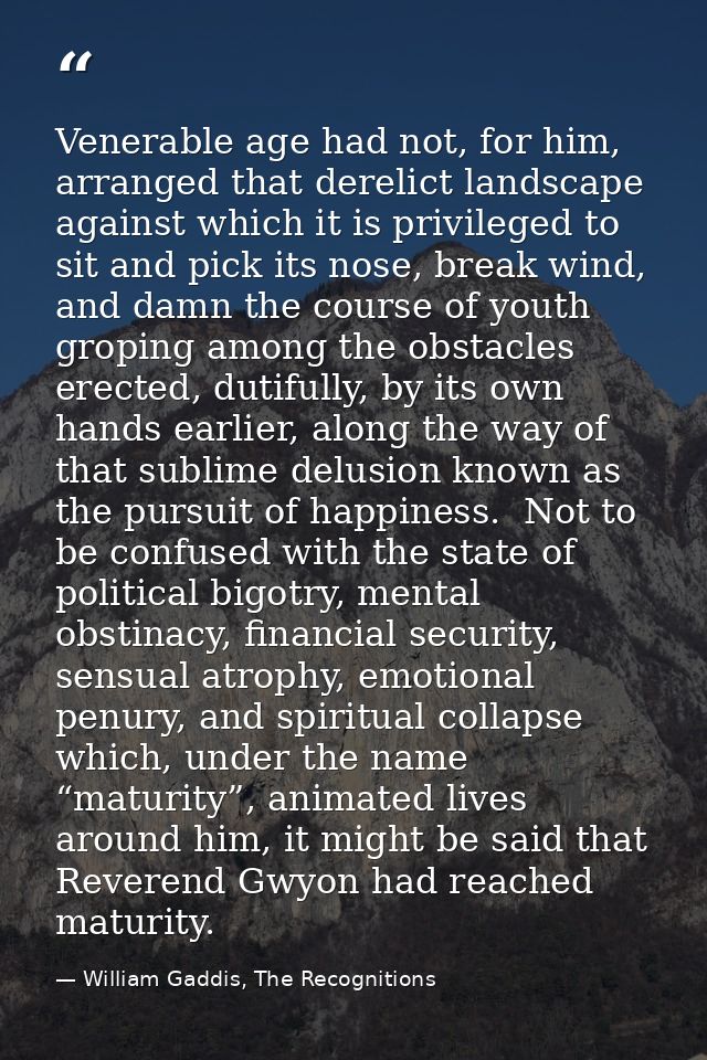 Venerable age had not, for him, arranged that derelict landscape against which it is privileged to sit and pick its nose — William Gaddis, The Recognitions