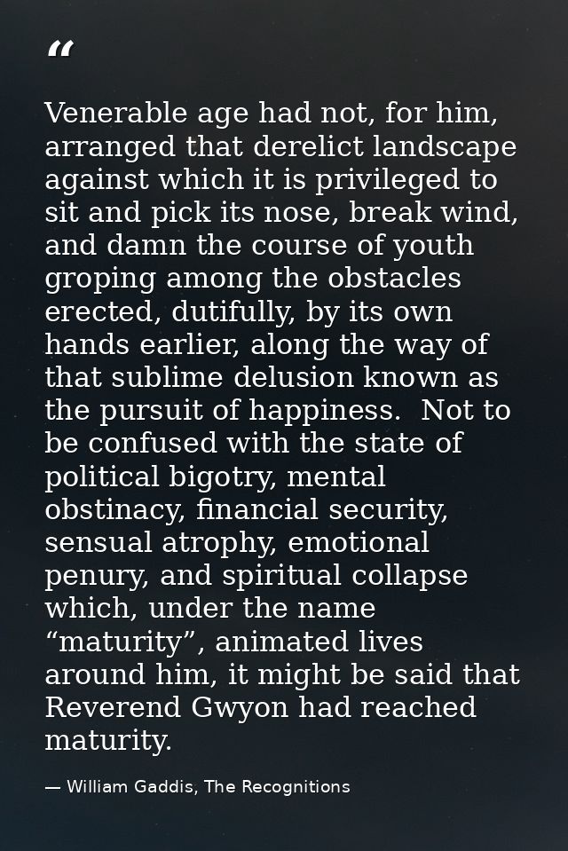 Venerable age had not, for him, arranged that derelict landscape against which it is privileged to sit and pick its nose — William Gaddis, The Recognitions