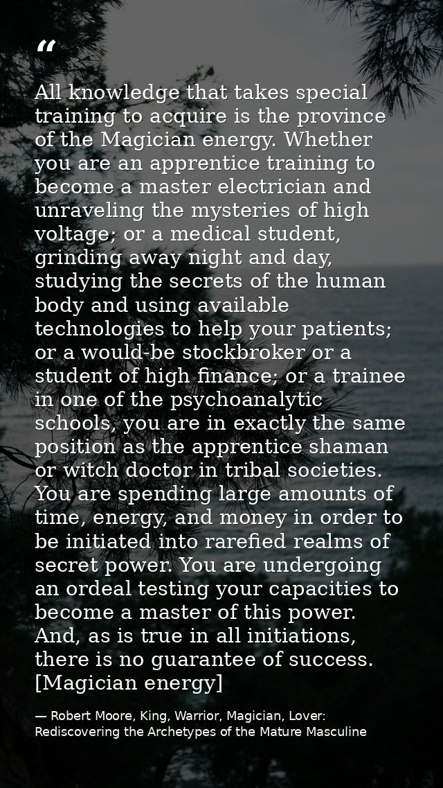 All knowledge that takes special training to acquire is the province of the Magician energy. Whether you are an apprenti — Robert Moore, King, Warrior, Magician, Lover: Rediscovering the Archetypes of the Mature Masculine