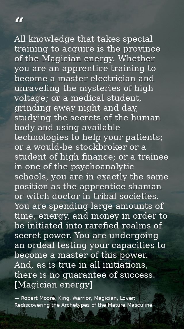 All knowledge that takes special training to acquire is the province of the Magician energy. Whether you are an apprenti — Robert Moore, King, Warrior, Magician, Lover: Rediscovering the Archetypes of the Mature Masculine