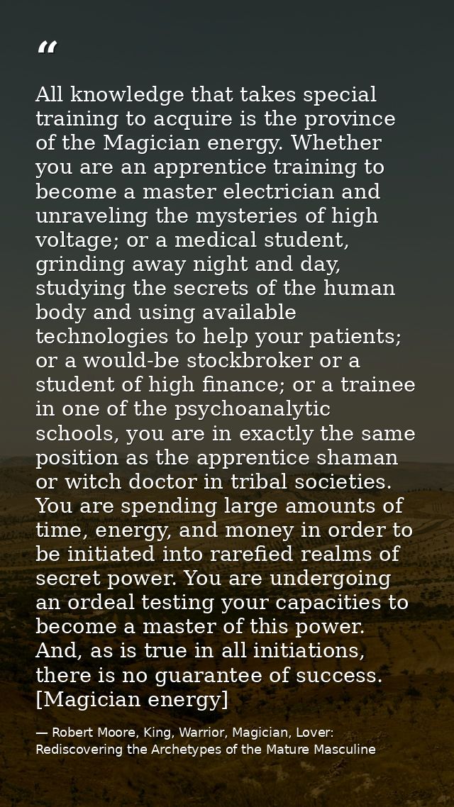 All knowledge that takes special training to acquire is the province of the Magician energy. Whether you are an apprenti — Robert Moore, King, Warrior, Magician, Lover: Rediscovering the Archetypes of the Mature Masculine