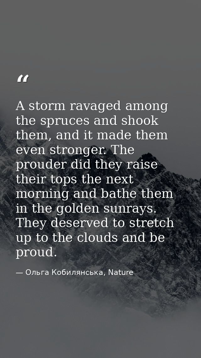 A storm ravaged among the spruces and shook them, and it made them even stronger. The prouder did they raise their tops  — Ольга Кобилянська, Nature