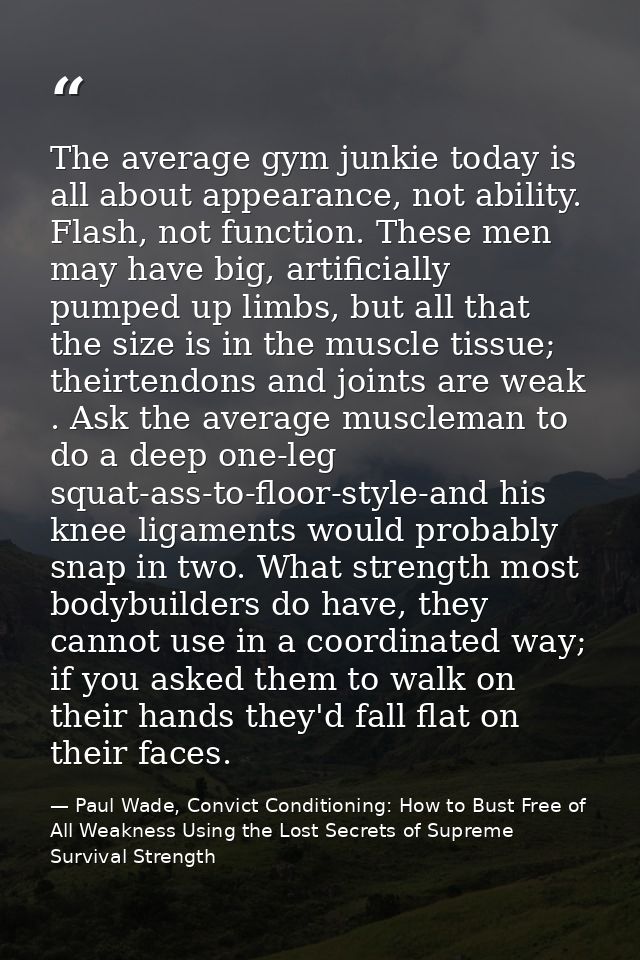 The average gym junkie today is all about appearance, not ability. Flash, not function. These men may have big, artifici — Paul Wade, Convict Conditioning: How to Bust Free of All Weakness Using the Lost Secrets of Supreme Survival Strength