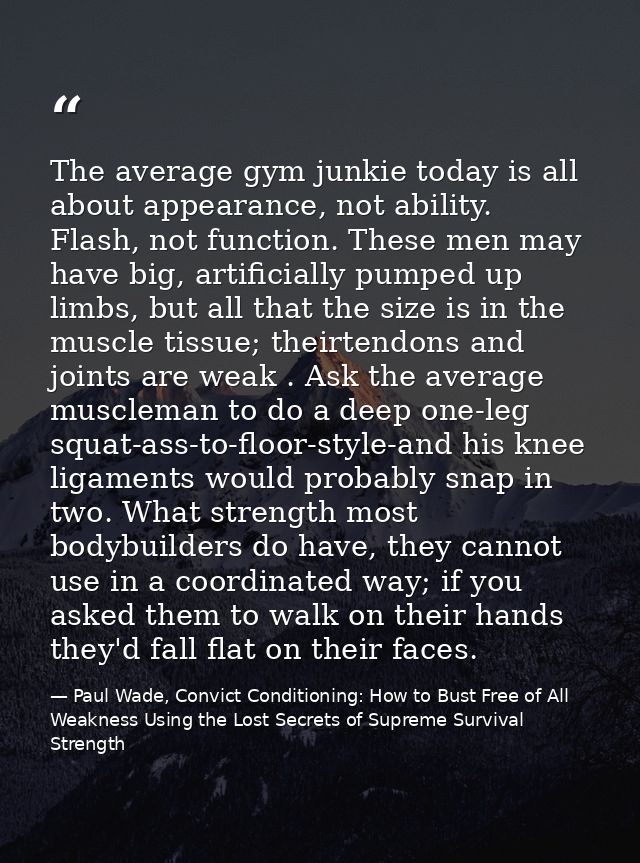 The average gym junkie today is all about appearance, not ability. Flash, not function. These men may have big, artifici — Paul Wade, Convict Conditioning: How to Bust Free of All Weakness Using the Lost Secrets of Supreme Survival Strength