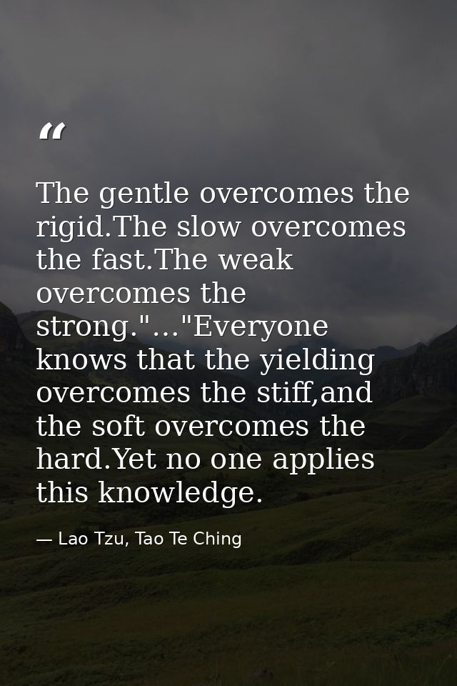 Тhe gentle overcomes the rigid.The slow overcomes the fast.The weak overcomes the strong."…"Everyone knows that the yiel — Lao Tzu, Tao Te Ching