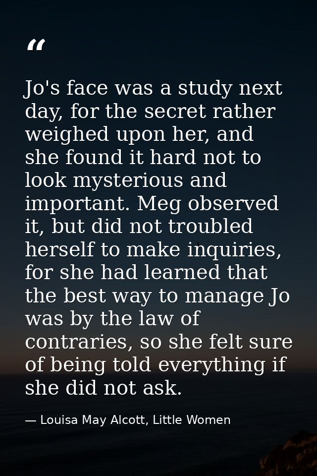 Jo's face was a study next day, for the secret rather weighed upon her, and she found it hard not to look mysterious and — Louisa May Alcott, Little Women
