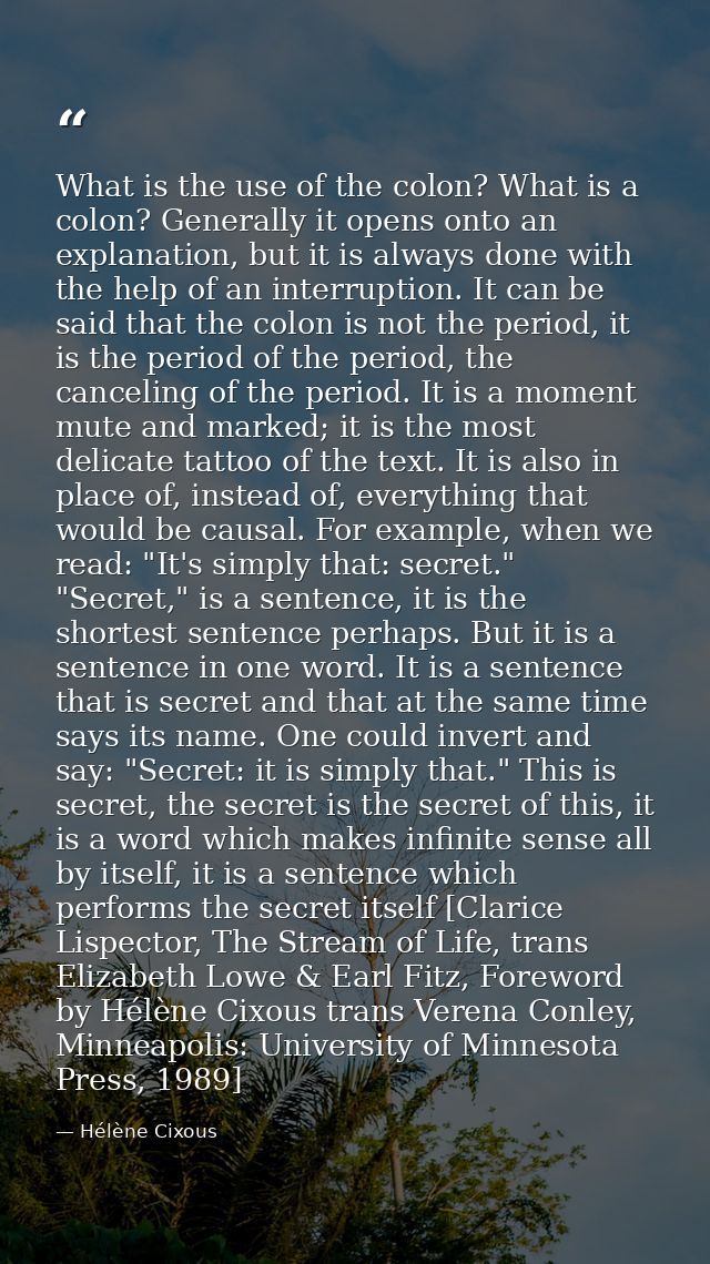 What is the use of the colon? What is a colon? Generally it opens onto an explanation, but it is always done with the he — Hélène Cixous