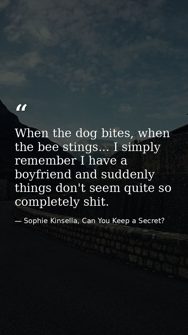 When the dog bites, when the bee stings... I simply remember I have a boyfriend and suddenly things don't seem quite so  — Sophie Kinsella, Can You Keep a Secret?