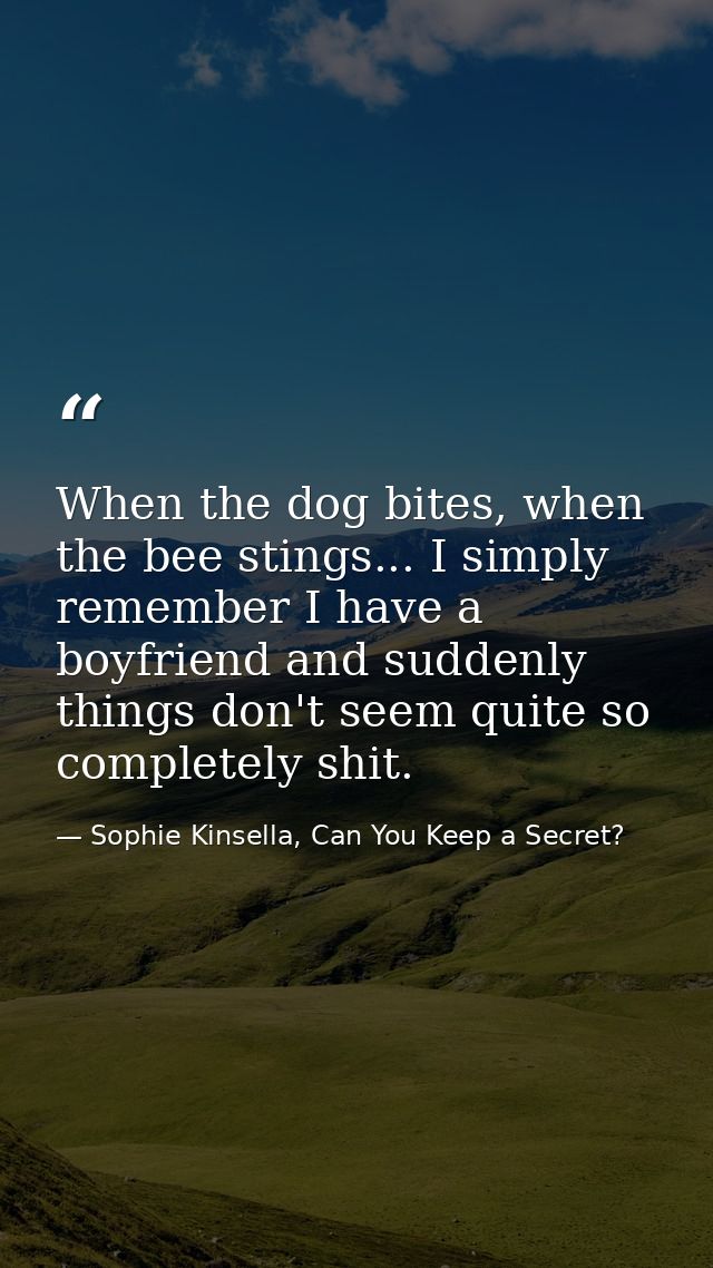 When the dog bites, when the bee stings... I simply remember I have a boyfriend and suddenly things don't seem quite so  — Sophie Kinsella, Can You Keep a Secret?
