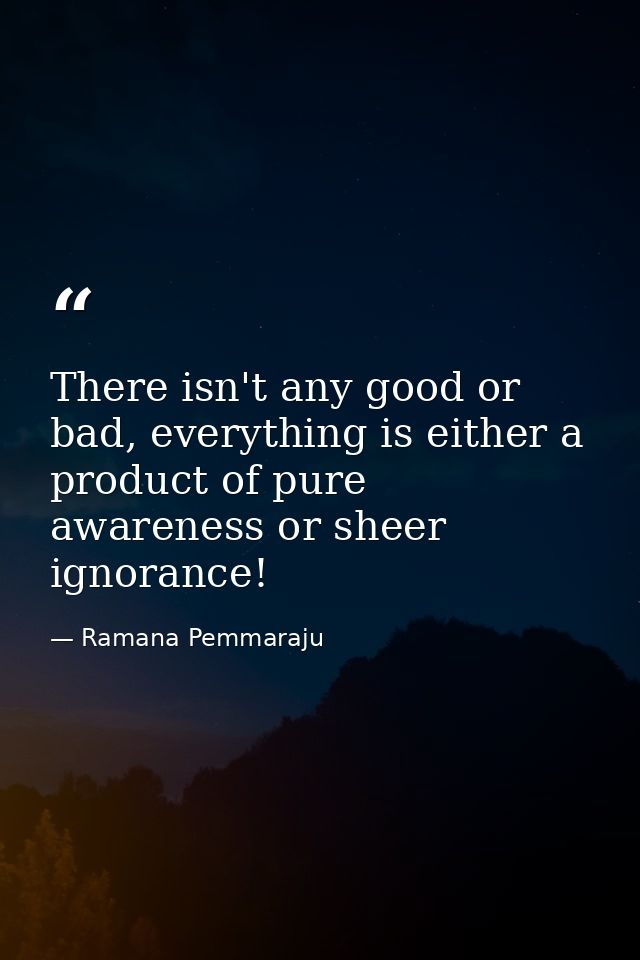 There isn't any good or bad, everything is either a product of pure awareness or sheer ignorance! — Ramana Pemmaraju