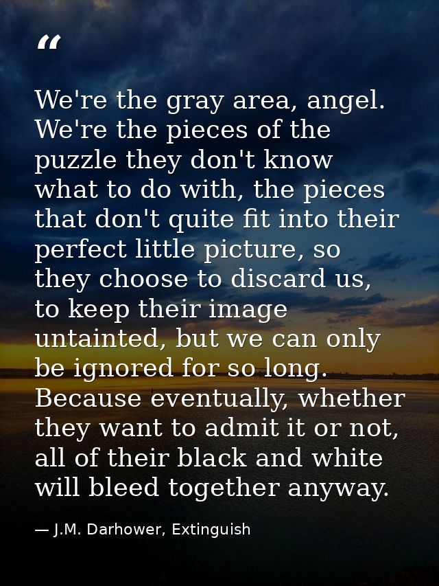 We're the gray area, angel. We're the pieces of the puzzle they don't know what to do with, the pieces that don't quite  — J.M. Darhower, Extinguish