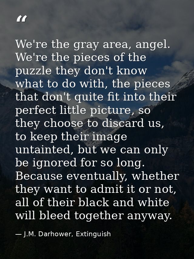 We're the gray area, angel. We're the pieces of the puzzle they don't know what to do with, the pieces that don't quite  — J.M. Darhower, Extinguish