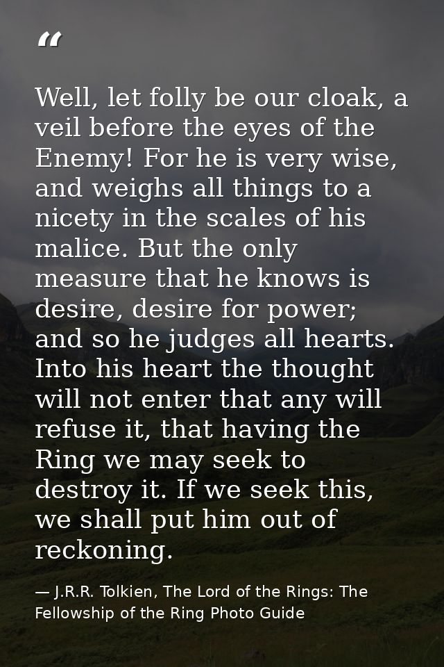 Well, let folly be our cloak, a veil before the eyes of the Enemy! For he is very wise, and weighs all things to a nicet — J.R.R. Tolkien, The Lord of the Rings: The Fellowship of the Ring Photo Guide