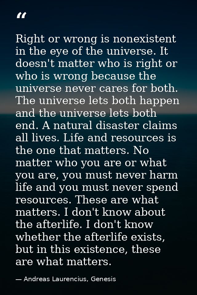 Right or wrong is nonexistent in the eye of the universe. It doesn't matter who is right or who is wrong because the uni — Andreas Laurencius, Genesis