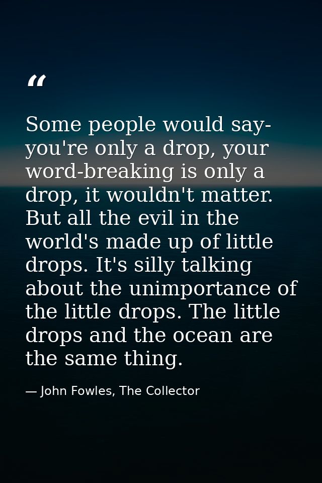 Some people would say- you're only a drop, your word-breaking is only a drop, it wouldn't matter. But all the evil in th — John Fowles, The Collector