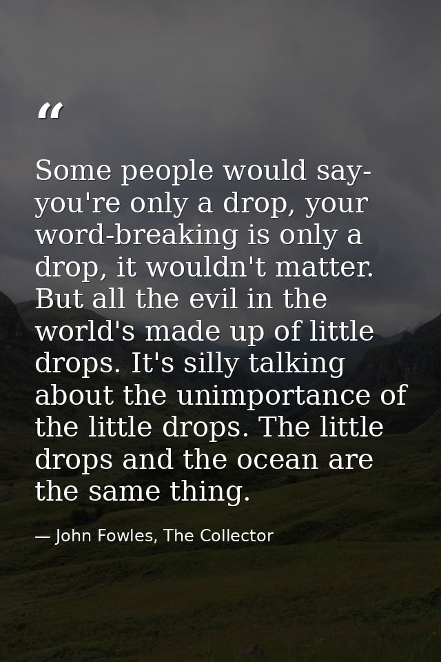 Some people would say- you're only a drop, your word-breaking is only a drop, it wouldn't matter. But all the evil in th — John Fowles, The Collector