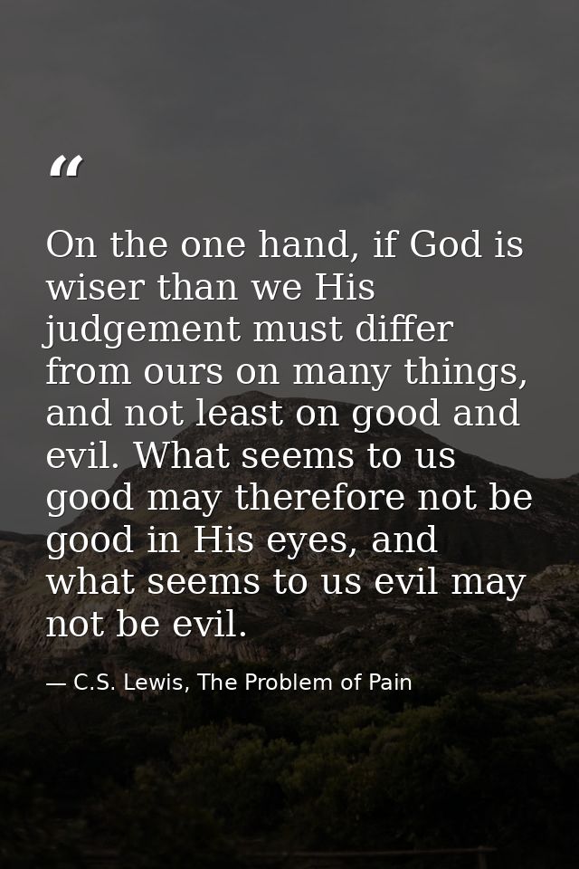On the one hand, if God is wiser than we His judgement must differ from ours on many things, and not least on good and e — C.S. Lewis, The Problem of Pain