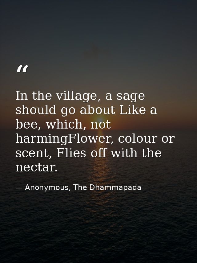 In the village, a sage should go about Like a bee, which, not harmingFlower, colour or scent, Flies off with the nectar. — Anonymous, The Dhammapada