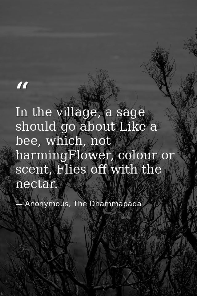 In the village, a sage should go about Like a bee, which, not harmingFlower, colour or scent, Flies off with the nectar. — Anonymous, The Dhammapada