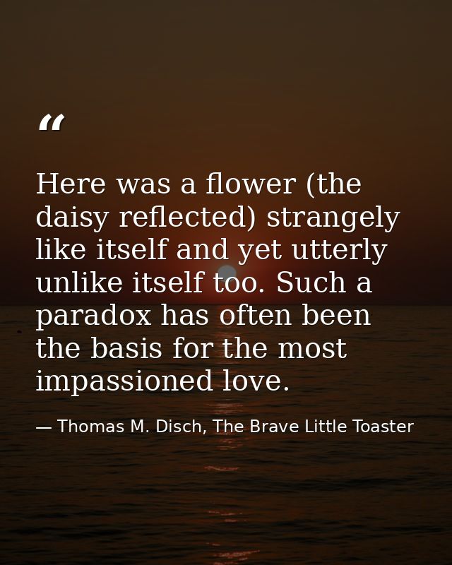 Here was a flower (the daisy reflected) strangely like itself and yet utterly unlike itself too. Such a paradox has ofte — Thomas M. Disch, The Brave Little Toaster