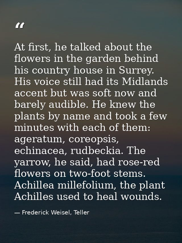 At first, he talked about the flowers in the garden behind his country house in Surrey. His voice still had its Midlands — Frederick Weisel, Teller