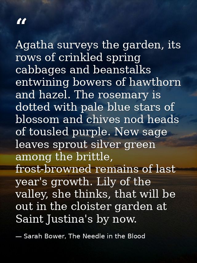 Agatha surveys the garden, its rows of crinkled spring cabbages and beanstalks entwining bowers of hawthorn and hazel. T — Sarah Bower, The Needle in the Blood
