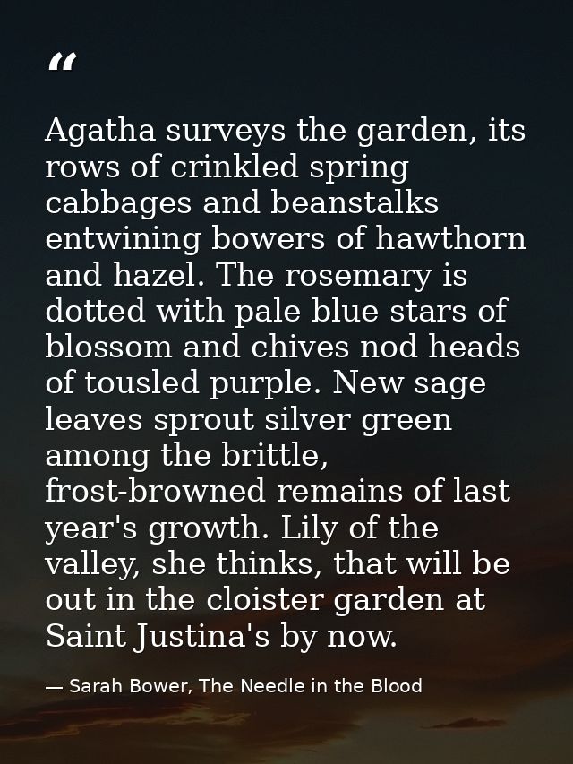 Agatha surveys the garden, its rows of crinkled spring cabbages and beanstalks entwining bowers of hawthorn and hazel. T — Sarah Bower, The Needle in the Blood