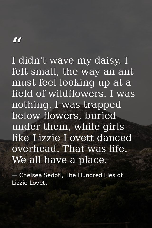 I didn't wave my daisy. I felt small, the way an ant must feel looking up at a field of wildflowers. I was nothing. I wa — Chelsea Sedoti, The Hundred Lies of Lizzie Lovett