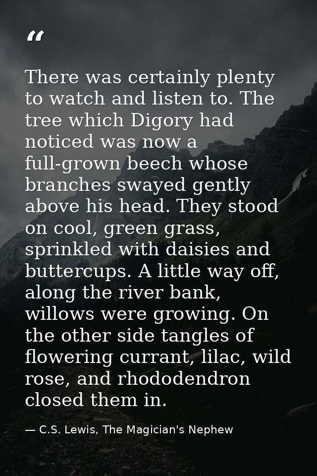 There was certainly plenty to watch and listen to. The tree which Digory had noticed was now a full-grown beech whose br — C.S. Lewis, The Magician's Nephew