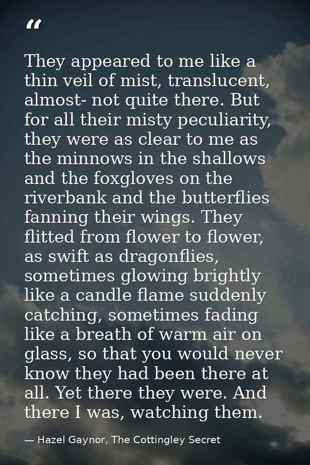 They appeared to me like a thin veil of mist, translucent, almost- not quite there. But for all their misty peculiarity, — Hazel Gaynor, The Cottingley Secret