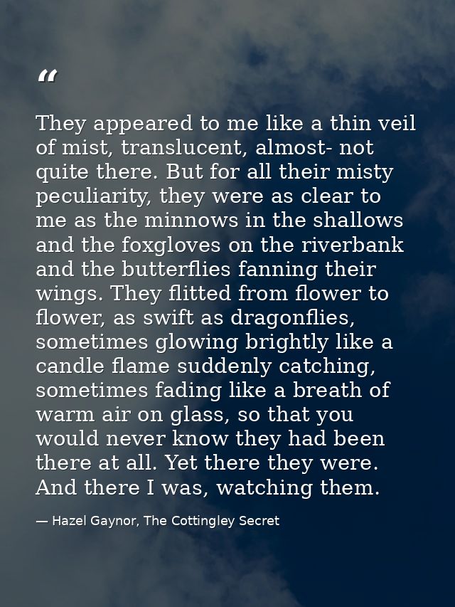 They appeared to me like a thin veil of mist, translucent, almost- not quite there. But for all their misty peculiarity, — Hazel Gaynor, The Cottingley Secret