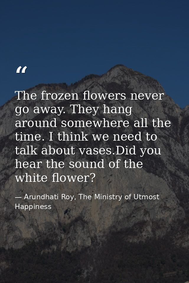 The frozen ﬂowers never go away. They hang around somewhere all the time. I think we need to talk about vases.Did you he — Arundhati Roy, The Ministry of Utmost Happiness