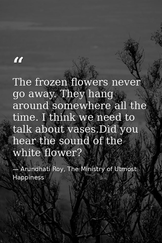 The frozen ﬂowers never go away. They hang around somewhere all the time. I think we need to talk about vases.Did you he — Arundhati Roy, The Ministry of Utmost Happiness