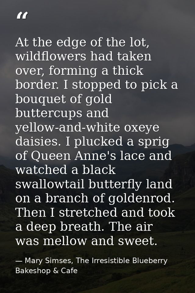 At the edge of the lot, wildflowers had taken over, forming a thick border. I stopped to pick a bouquet of gold buttercu — Mary Simses, The Irresistible Blueberry Bakeshop & Cafe