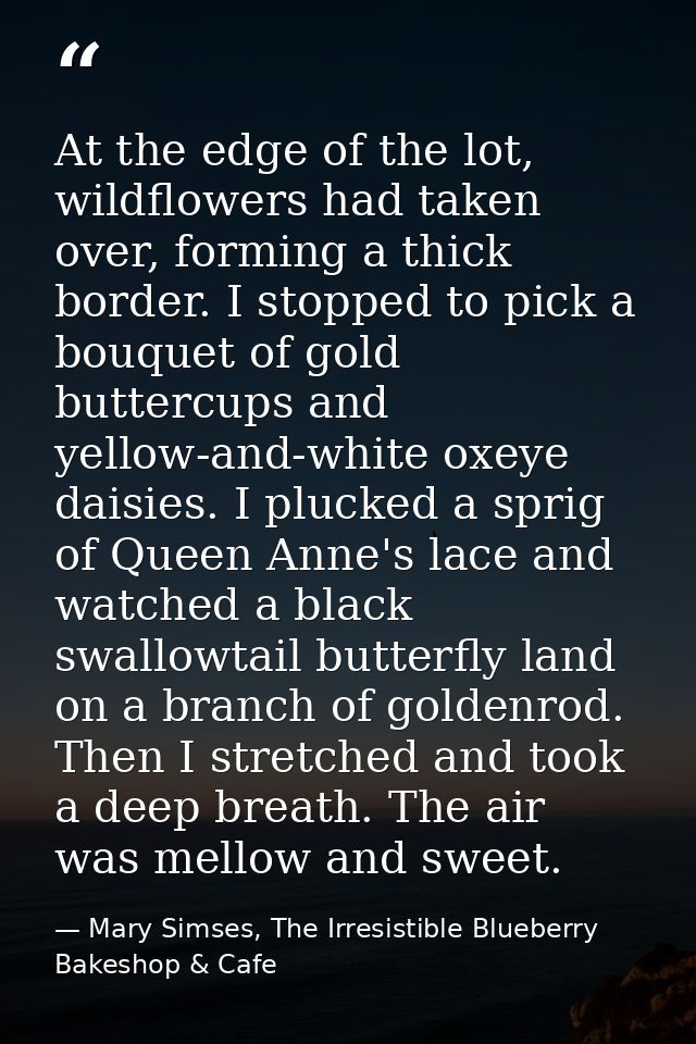 At the edge of the lot, wildflowers had taken over, forming a thick border. I stopped to pick a bouquet of gold buttercu — Mary Simses, The Irresistible Blueberry Bakeshop & Cafe