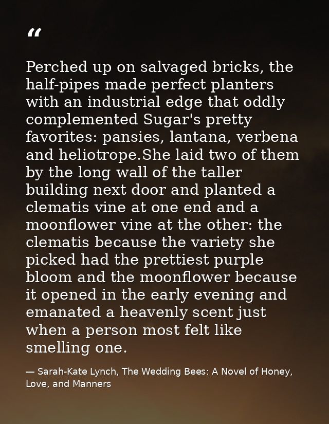 Perched up on salvaged bricks, the half-pipes made perfect planters with an industrial edge that oddly complemented Suga — Sarah-Kate Lynch, The Wedding Bees: A Novel of Honey, Love, and Manners