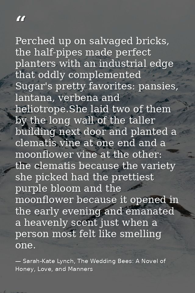 Perched up on salvaged bricks, the half-pipes made perfect planters with an industrial edge that oddly complemented Suga — Sarah-Kate Lynch, The Wedding Bees: A Novel of Honey, Love, and Manners