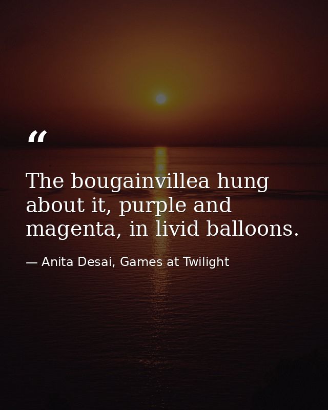 The bougainvillea hung about it, purple and magenta, in livid balloons. — Anita Desai, Games at Twilight