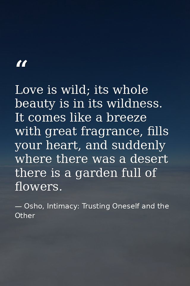 Love is wild; its whole beauty is in its wildness. It comes like a breeze with great fragrance, fills your heart, and su — Osho, Intimacy: Trusting Oneself and the Other