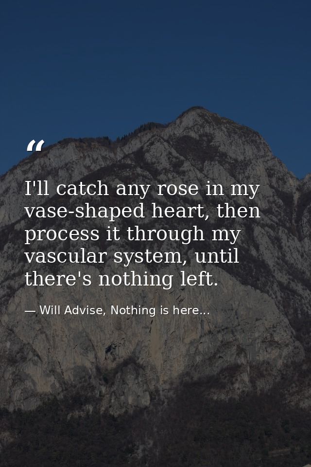 I'll catch any rose in my vase-shaped heart, then process it through my vascular system, until there's nothing left. — Will Advise, Nothing is here...