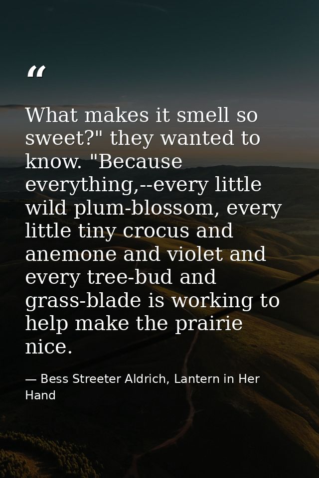 What makes it smell so sweet?" they wanted to know. "Because everything,--every little wild plum-blossom, every little t — Bess Streeter Aldrich, Lantern in Her Hand