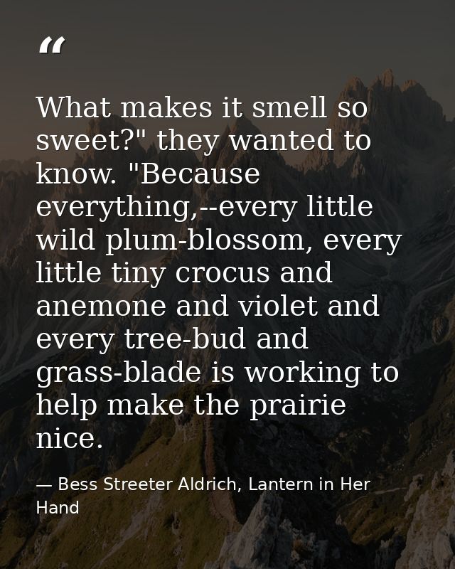 What makes it smell so sweet?" they wanted to know. "Because everything,--every little wild plum-blossom, every little t — Bess Streeter Aldrich, Lantern in Her Hand