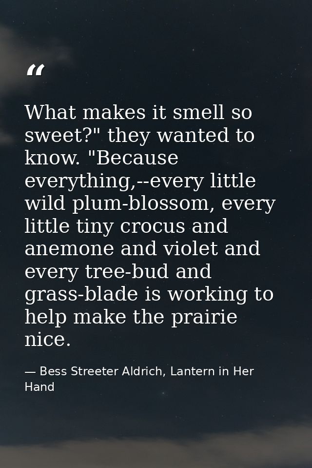 What makes it smell so sweet?" they wanted to know. "Because everything,--every little wild plum-blossom, every little t — Bess Streeter Aldrich, Lantern in Her Hand