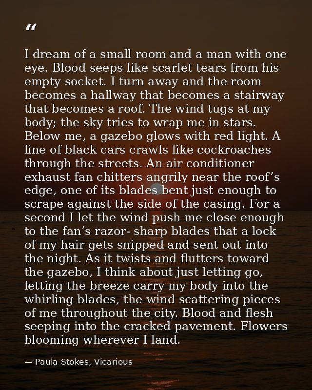 I dream of a small room and a man with one eye. Blood seeps like scarlet tears from his empty socket. I turn away and th — Paula Stokes, Vicarious