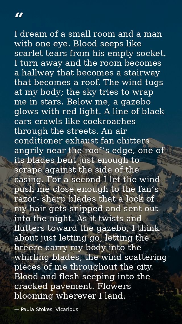 I dream of a small room and a man with one eye. Blood seeps like scarlet tears from his empty socket. I turn away and th — Paula Stokes, Vicarious
