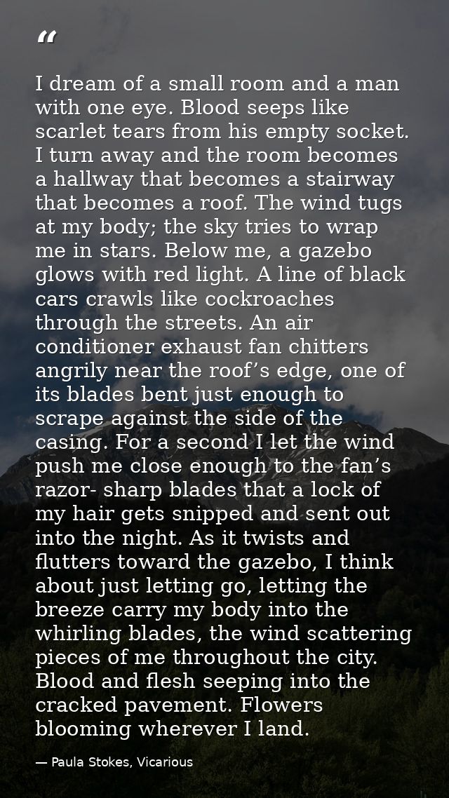 I dream of a small room and a man with one eye. Blood seeps like scarlet tears from his empty socket. I turn away and th — Paula Stokes, Vicarious