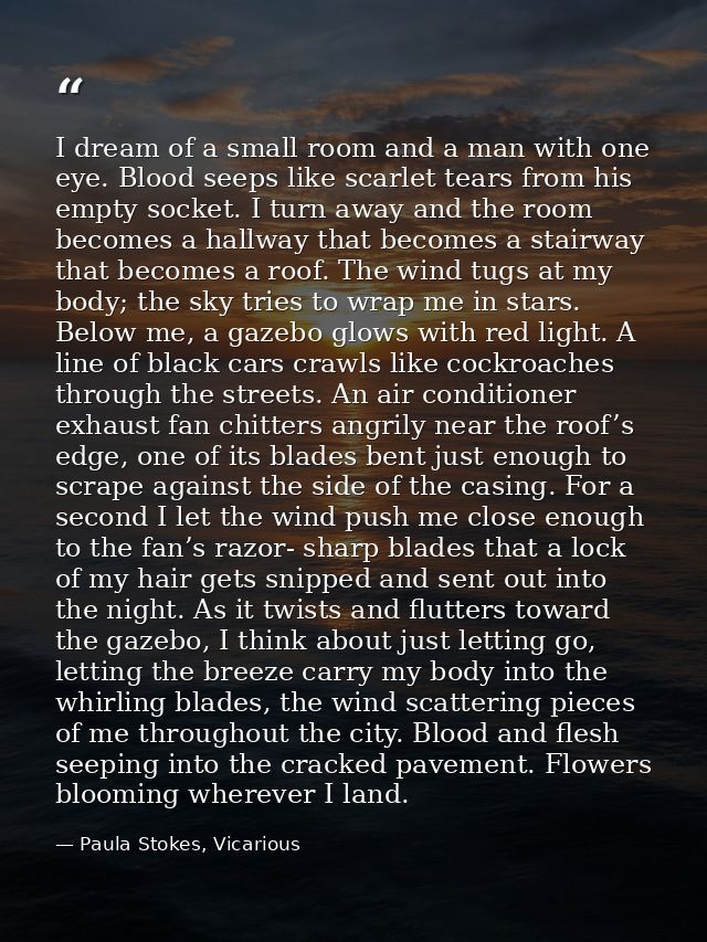 I dream of a small room and a man with one eye. Blood seeps like scarlet tears from his empty socket. I turn away and th — Paula Stokes, Vicarious