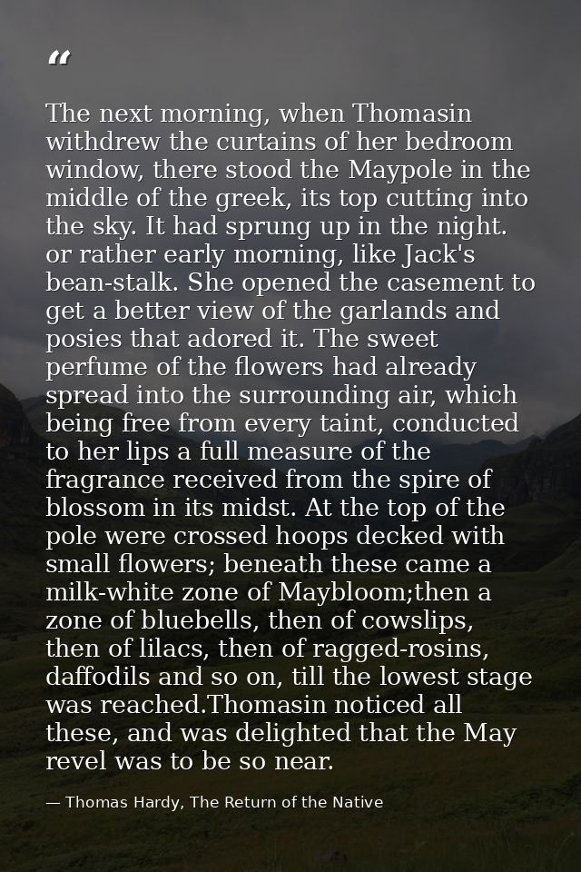 The next morning, when Thomasin withdrew the curtains of her bedroom window, there stood the Maypole in the middle of th — Thomas Hardy, The Return of the Native