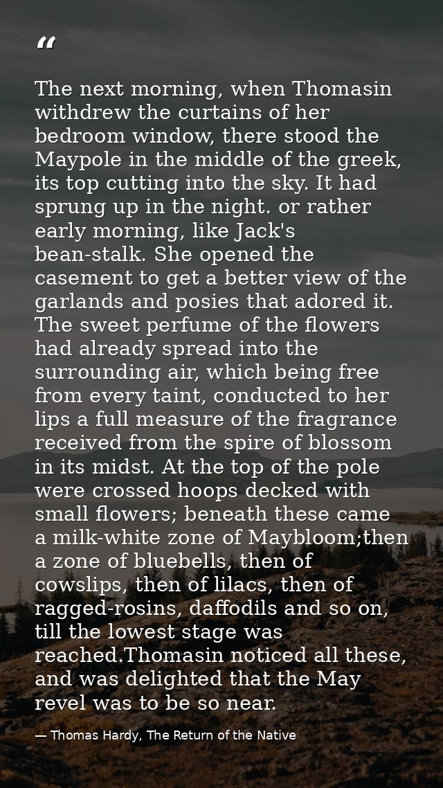 The next morning, when Thomasin withdrew the curtains of her bedroom window, there stood the Maypole in the middle of th — Thomas Hardy, The Return of the Native