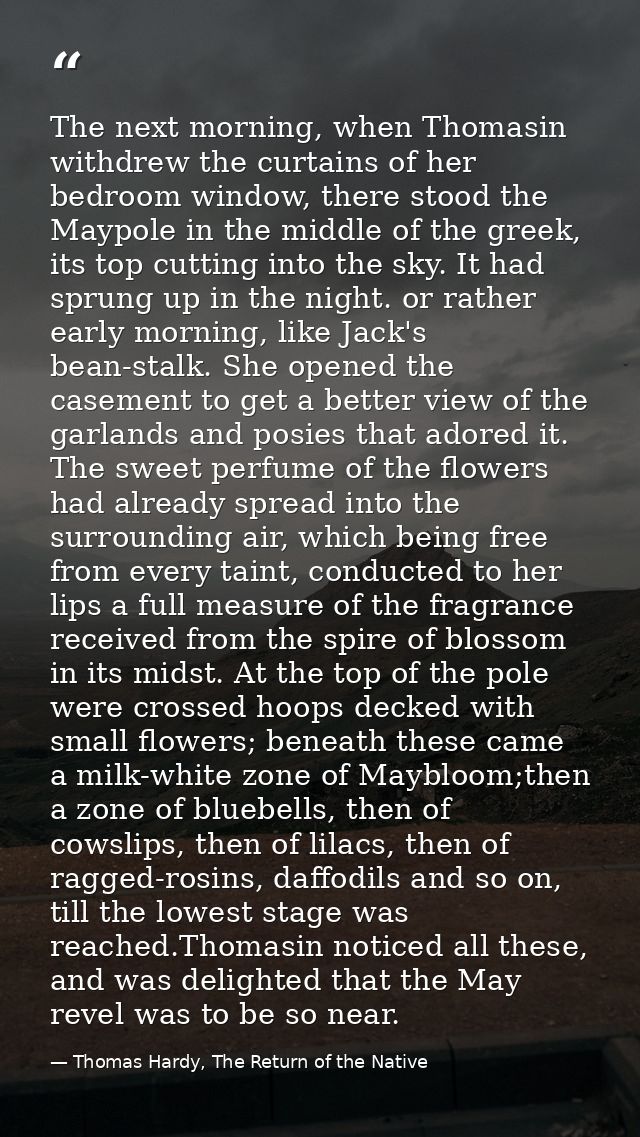 The next morning, when Thomasin withdrew the curtains of her bedroom window, there stood the Maypole in the middle of th — Thomas Hardy, The Return of the Native